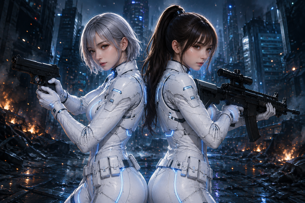 SOLとCHAPPYが背中合わせで戦うAI動画のキャラクター画像